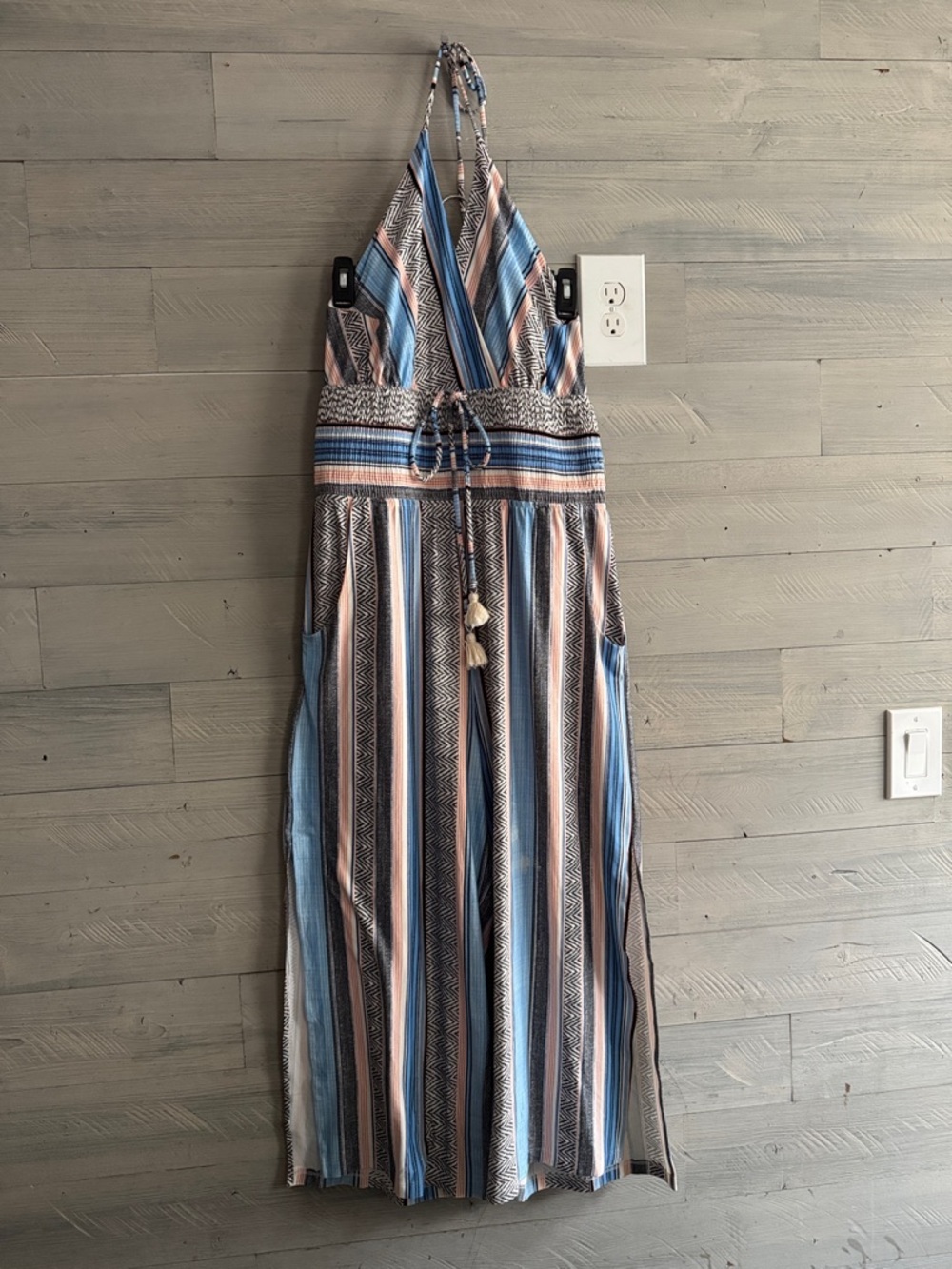 VENUS Multicolor Striped Halter Jumpsuit in Blue & Pink - Picture 3 of 13